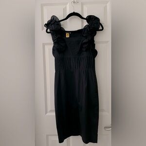 CATHERINE MALANDRINO BLACK DRESS SHOULDER RUFFLES PLEATED BODICE COCKTAIL Size 2